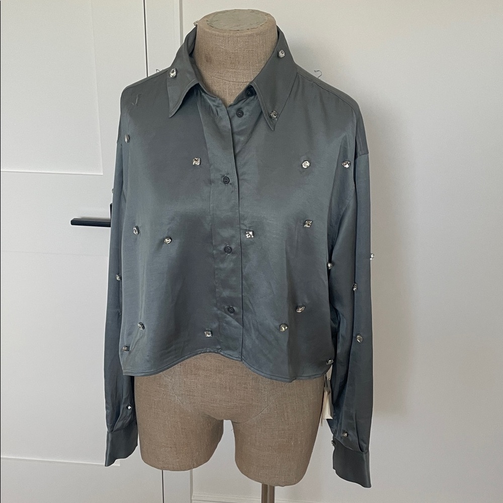 Elegant Green/Grey/Blue Embellished Women's Top